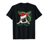 Feliz Navidad Lindo Perro Carlino y Corona de Bayas de Acebo Camiseta gráfica económica, Hombre, Negro, L
