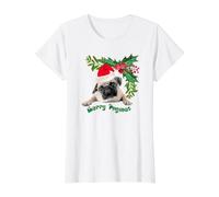 Feliz Navidad Lindo Perro Carlino y Corona de Bayas de Acebo Camiseta gráfica económica, Mujer, Blanco, S