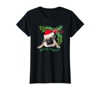 Feliz Navidad Lindo Perro Carlino y Corona de Bayas de Acebo Camiseta gráfica económica, Mujer, Negro, XS