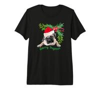 Feliz Navidad Lindo Perro Carlino y Corona de Bayas de Acebo Camiseta Premium