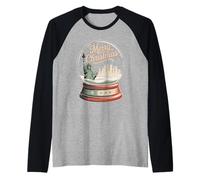 Feliz Navidad Nueva York Skyline en Bola de Nieve Destellos de Nieve Camiseta Manga Raglan