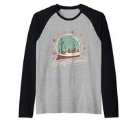 Feliz Navidad Nueva York Skyline en Bola de Nieve Destellos de Nieve Camiseta Manga Raglan