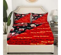 Feliz Navidad Sábana bajera tamaño S, dibujos animados Santa Claus y camión protector de colchón con 1 funda de almohada, lindo oso regalos impresión rojo negro profundo bolsillo niños funda nórdica