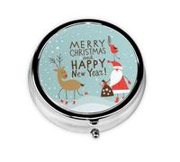 Feliz Navidad y Feliz Año Nuevo. Este pequeño pastillero redondo es un organizador portátil de medicamentos de viaje con tres compartimentos para almacenar medicamentos diarios.