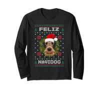 Feliz Navidog Airedale Terrier Dog Ugly Christmas Sweater Manga Larga