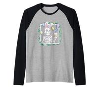 Feliz Pascua Esqueleto con Oreja De Conejo Bebida Huev Camiseta Manga Raglan