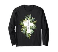 Feliz Pascua Floral He Is Risen Jesus Cross Spring Church Manga Larga