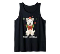 Feliz Woofmas White Terrier Perro Papá Noel Sombrero Navidad Lindo Perro Camiseta sin Mangas