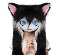 Fell Kopf, Katzenmaske Mit Großen Augen Und Pelo largo, Requisiten Plüschkostüm realista Für Frauen, Männer, Anime Convention, Theateraufführung, de Halloween