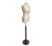 fella4stores Maniquí básico para mujer, busto de sastre de espuma de poliuretano, L (40/42) con revestimiento blanco crema y pie redondo de madera marrón caoba, altura ajustable, ideal para