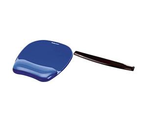 Fellowes Gel Crystal - Reposamuñecas ergonómico para teclado de gel transparente, base antideslizante, color negro & Gel Crystals - Alfombrilla de ratón con reposamuñecas ergonómico, color azul