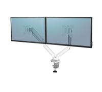 Fellowes Brazo para Monitor Doble Platinum Series - Soporte para monitor ajustable, con funciones de inclinación, giro y rotación y con 2 puertos USB - Tamaño máximo del monitor 32" - Blanco