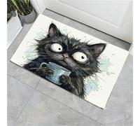 Felpudo Absorbente para Interior 90 x 150 cm, alfombra antideslizante para puerta principal, El gato negro sostiene una taza. Animales en acuarela, felpudo de bienvenida paras Puerta Interior,Negro