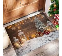 Felpudo Alfombra de Entrada Lavable, Navidad Fondo Interior Pared De Madera Velas Nieve Pequeña Alfombra Antideslizante Suave Superfina para Cocina Baño Dormitorio 80x120cm, Marrón Claro