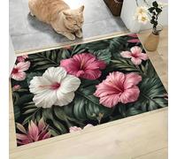 Felpudo Antideslizante 40x60cm - Trampa de Tierra - Felpudo Exterior e Interior Flores Hibisco Hojas Monstera Alfombrilla Plantas Tropicales para una Entrada Limpia - Fácil de Cuidar, Verde Oscuro