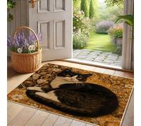 Felpudo artístico de gato, color blanco y negro, para decoración de otoño, diseño elegante, antideslizante, impermeable, fácil de limpiar, 73 x 43 cm