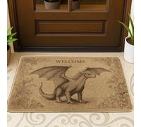Felpudo con diseño de dragón, diseño rústico de flores de bienvenida, color marrón, lavable, perfil bajo, para casa, oficina, exterior, interior, entrada, decoración, 73 x 43 cm