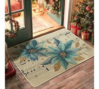 Felpudo con diseño de flor de pascua, elegante, notas musicales, estrellas, Navidad, color verde azulado, antideslizante, para entrada de bienvenida para el hogar, interior y exterior, decoración de