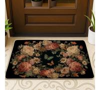 Felpudo con diseño de rosas, diseño vintage de mariposas rústicas y margaritas, color negro, lavable, de perfil bajo, para casa, oficina, exterior, interior, entrada, decoración, 73 x 43 cm