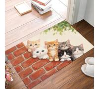 Felpudo Con Divertido Gato Pared Ladrillos, Alfombra Para Entrada Delantera Y Trasera, Con Base Antideslizante De Tpr, Animales Rurales En Acuarela, Apta Para Interior Pasillo Jardín, Crema 45X75Cm