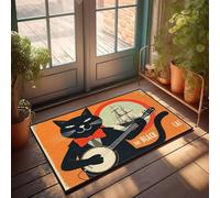 Felpudo con texto divertido con texto en inglés "A Black Cat In A Suit Plays A Banjo With A Ship In The Background" (50 x 80 cm)