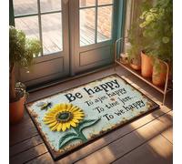 Felpudo con texto en inglés «Be Happy: A Vibrant Sunflower and Bee Sign» para entrada exterior (65 x 90 cm)