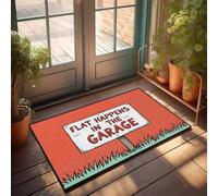 Felpudo con texto en inglés "Flat Happens In The Garage: A Humorous Sign Explication" (65 x 90 cm)