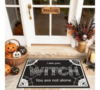 Felpudo de bienvenida con diseño de bruja, diseño festivo de telarañas y calabazas para Halloween, color negro, lavable, de perfil bajo, decoración del hogar para entrada, porche al aire libre, balcón