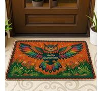 Felpudo de bienvenida con diseño de búho, alas coloridas, hierba, verano, naranja, goma, antideslizante, decoración del hogar, para entrada, porche, balcón, 29 x 17 pulgadas