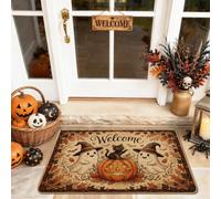 Felpudo de bienvenida con diseño de calabazas, fantasmas de temporada, bienvenida, Halloween, naranja, lavable, de perfil bajo, para el hogar, interior y exterior, decoración de porche, 73 x 43 cm