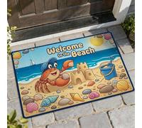Felpudo de bienvenida con diseño de cangrejo, castillo de arena para verano, playa, conchas, verano, azul, antideslizante, para casa, oficina, exterior, interior, entrada, decoración, 73 x 43 cm