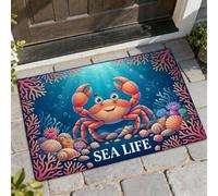 Felpudo de bienvenida con diseño de cangrejo, concha de coral azul de verano, lavable, de perfil bajo, decoración de entrada para porche, baño, oficina, 29 x 17 pulgadas