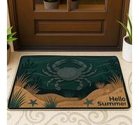 Felpudo de bienvenida con diseño de cangrejo, estrella de mar costera de verano, algas marinas, verano, color verde azulado, tapete trasero antideslizante para casa, oficina, exterior, decoración de