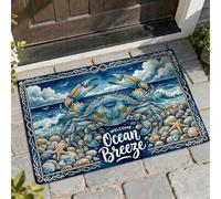 Felpudo de bienvenida con diseño de cangrejo, estrella de mar náutica costera de verano, azul, lavable, perfil bajo, decoración de entrada, para porche, baño, oficina, 29 x 17 pulgadas