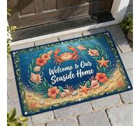 Felpudo de bienvenida con diseño de cangrejo, estrella de mar tropical costera, color azul, lavable, perfil bajo, decoración al aire libre para puerta delantera, entrada, patio, 73 x 43 cm