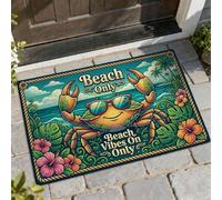 Felpudo de bienvenida con diseño de cangrejo, palmeras tropicales de playa, hibisco, verano, verde azulado, antideslizante, decoración de entrada para porche delantero, baño, oficina, 29 x 17 pulgadas