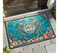 Felpudo de bienvenida con diseño de cangrejo, playa costera, estrella de mar, verano, turquesa, lavable, perfil bajo, decoración al aire libre para puerta delantera, entrada, patio, 29 x 17 pulgadas