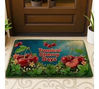 Felpudo de bienvenida con diseño de cerezas, hojas tropicales vibrantes y flores de verano, lavable, de perfil bajo, decoración de entrada para porche delantero, baño, oficina, 29 x 17 pulgadas