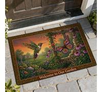Felpudo de bienvenida con diseño de colibrí y mariposas, color verde primavera, lavable, de perfil bajo, para casa, oficina, exterior, interior, entrada, decoración, 73 x 43 cm