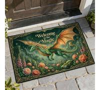 Felpudo de bienvenida con diseño de dragón, castillo de flores fantasiosas, color verde, lavable, de perfil bajo, para el hogar, interior, exterior, entrada, porche, decoración de 73 x 43 cm