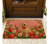 Felpudo de bienvenida con diseño de fresa, diseño de perro de flores de verano, color rojo, antideslizante, atrapasuciedad, para casa, oficina, exterior, interior, entrada, decoración, 73 x 43 cm