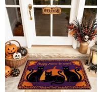 Felpudo de bienvenida con diseño de gato, calabazas festivas con texto de Halloween, violeta, de goma, antideslizante, para el suelo, para casa, oficina, exterior, interior, entrada, decoración, 73 x