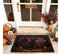 Felpudo de bienvenida con diseño de gato, calabazas y sombrero de bruja para Halloween, de goma negra, antideslizante, para decoración del hogar, entrada, porche, balcón, 29 x 17 pulgadas