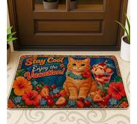 Felpudo de bienvenida con diseño de gato, diseño de hibisco tropical, fresa, verano, naranja, goma, antideslizante, decoración del hogar para entrada, porche al aire libre, balcón, 29 x 17 pulgadas