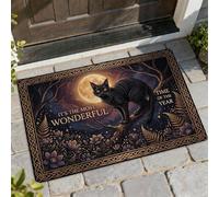 Felpudo de bienvenida con diseño de gato, diseño de luna y flores de Halloween, color negro, lavable, de perfil bajo, decoración del hogar, para entrada, porche, balcón, 29 x 17 pulgadas