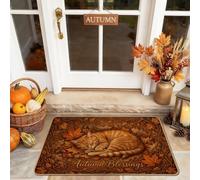 Felpudo de bienvenida con diseño de gato, diseño rústico de hojas acogedoras, calabazas, otoño, marrón, lavable, de perfil bajo, para el suelo, para casa, oficina, exterior, interior, entrada