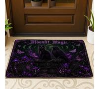 Felpudo de bienvenida con diseño de gato, gótico y místico cuervo, Halloween, violeta, lavable, de perfil bajo, para casa, oficina, exterior, interior, entrada, decoración, 73 x 43 cm