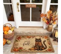 Felpudo de bienvenida con diseño de gato, hojas de calabazas de temporada, color marrón, antideslizante, atrapasuciedad, decoración del hogar, para entrada, porche, balcón, 29 x 17 pulgadas