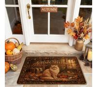 Felpudo de bienvenida con diseño de gato, hojas rústicas, calabazas, otoño, marrón, goma, antideslizante, decoración de entrada, para porche, baño, oficina, 29 x 17 pulgadas