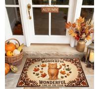 Felpudo de bienvenida con diseño de gato, hojas rústicas, calabazas, otoño, naranja, lavable, perfil bajo, decoración del hogar, para entrada, porche al aire libre, balcón, 73 x 43 cm